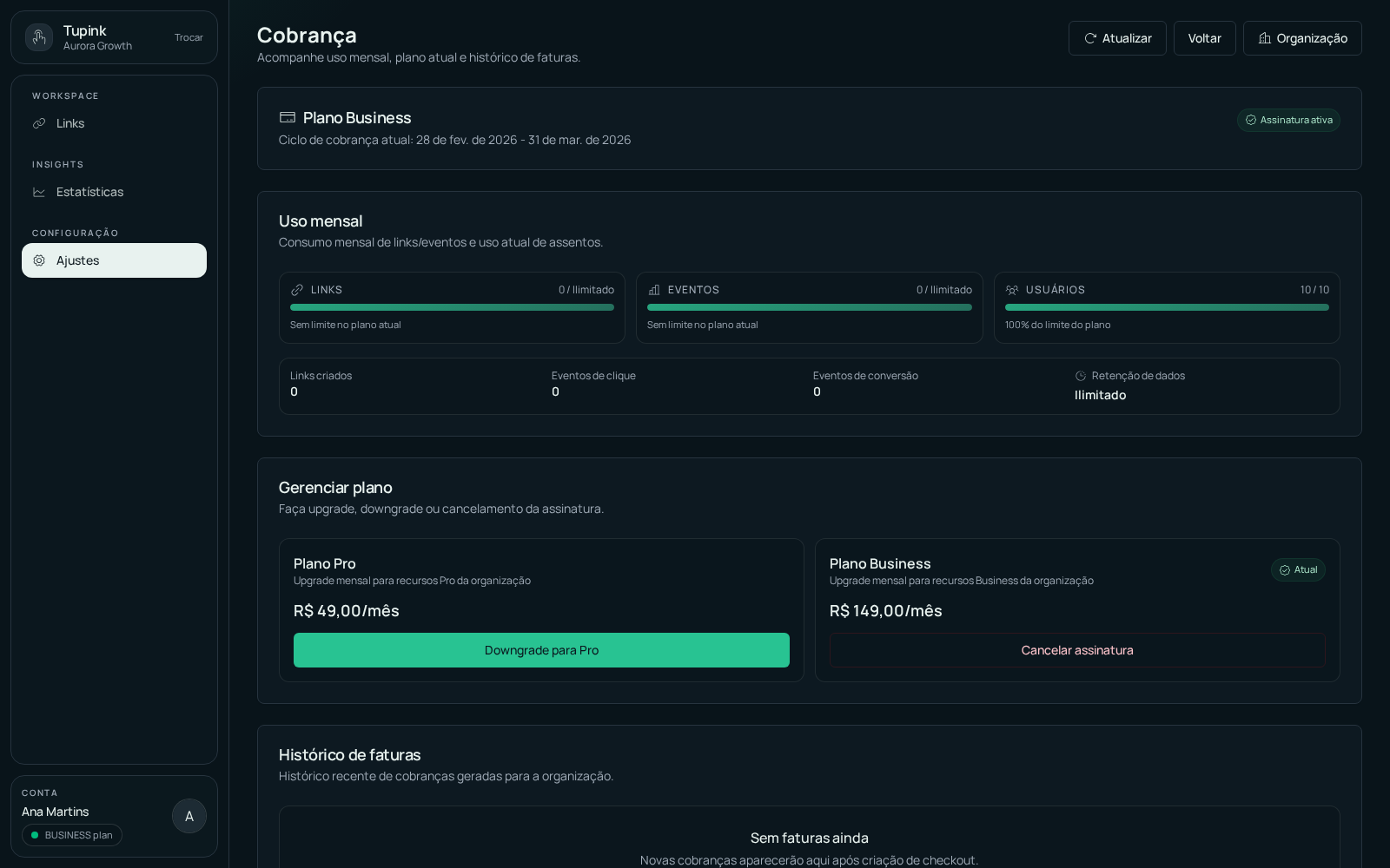 Tela de cobrança e uso do Tupink